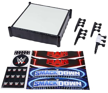 Mattel WWE Superstar Ring, 14 Zoll mit federbelasteter Matte, 4 Event Apron Aufkleber & Pro-Tension Seile für WWE Action Figuren, HLN13