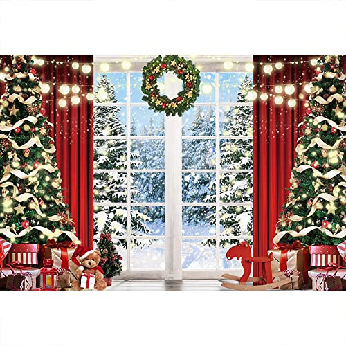 Aoihrraan 3,5x2,5m Noël Rebord De Fenêtre Photographie Toile De Fond Noël Arbre Couronne Rouge Rideau Cadeau Hiver Forêt Neige Vue Fond Nouveau Année Festival Famille Fête Portrait Photo Accessoires