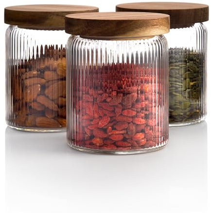 Mason & Fable Ribbed Glass Jar with Wooden Lid 500ml set of 3 | Airtight Glass Storage Canister for Food, Pasta, Coffee, Dog Treats, Snacks | Container for Home & Kitchen