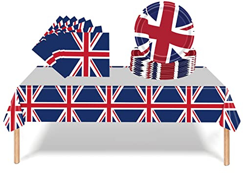 Aisszhao King Charles III Coronation Table Decor, 1P Tablecloth 20P Paper Napkins and 16P Plates for Kings Party, Union Jack Tableware Set the Third Street Supplies