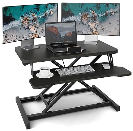 EAQ 81,3 cm Schreibtisch-Konverter, höhenverstellbarer Stehpult, Sitz-zu-Ständer, Konverter, Workstation, Dual-Monitor und Laptop-Arbeitsplatz, mit breiter Tastaturablage, Schwarz