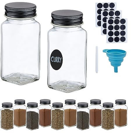Relaxdays Gewürzgläser 12er Set, Streueinsatz, Gewürzdosen Glas, 120 ml, mit Etiketten & Trichter, transparent/schwarz