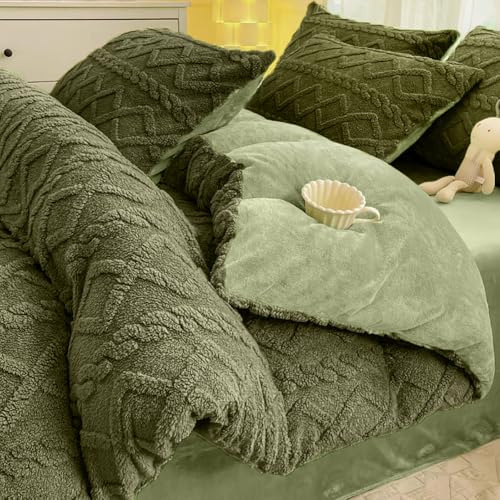 AShanlan Flanell Bettwäsche 135 x 200 cm Winter Warme Bettbezug Set Grün | Oeko-TEX Winterbettwäsche, Cashmere Touch, Flauschig Fleece, Bettbezug 135x200 mit Kissenbezug 80x80 cm, Reißverschluss