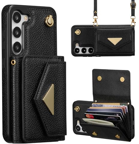 ZCDAYE Samsung Galaxy S23 Hülle mit Geldbörse und Band, Elegante Galaxy S23 Handyhülle Handytasche Kunstleder Case Umhängetasche Handykette Hülle für Samsung S23, Schwarz