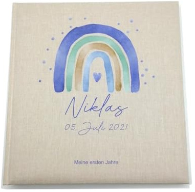 Tenii® Fotoalbum personalisiert Baby, Kind Regenbogen Watercolor blau Leinen, Erinnerungsalbum (30x31cm - 60 Seiten)