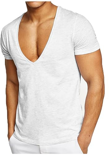T-shirt homme col V profond UK basique en coton haut tees manches courtes haut col V extensible athlétique sport gym muscle T-shirt, blanc, M