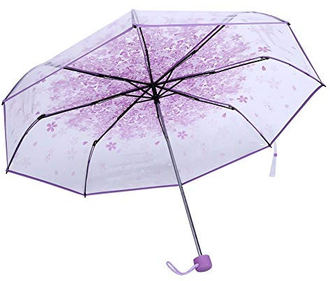 WPKD BLUEIY Transparent Folding Umbrella,Floral Rain Umbrella,Width 93cm,Alloy Handle,Plastic Cover,Manual Open Compact Travel Umbrellas for Adult Kids Girls Princess Women(Light Purple)