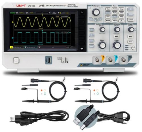 Uni-T UPO1102 - Osciloscopio de memoria digital, ancho de banda de 100 MHz, 2 canales, frecuencia de muestreo de 1 GS/s, profundidad de memoria de 56 Mpts, velocidad de detección de 500.000 ondas/s