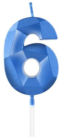 Königsblaue Kerzen zum 6. Geburtstag, 3D-Zahl 6, Saphir-Kerzenaufsatz, Kuchendekorationen