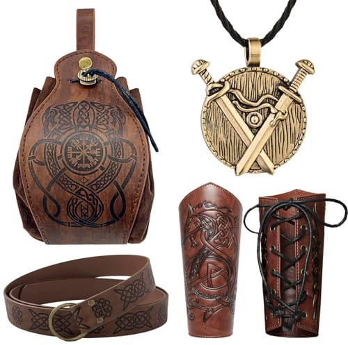 XIEXIESHER Wikinger Kleidung, 6 Stk Mittelalter Kleidung Damen Herren, Armschutz Bogenschießen, Armschienen Mittelalter, Mittelalter Gürtel Damen, Wikinger Deko für Halloween Cosplay Wikinger Kostüm