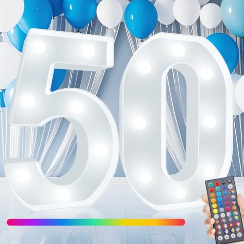 Light Up Numbers, 50th Birthday Decoration for Woman Man, 34 Colors Marquee Numbers 50 Sign Color Changing for Party Backdrop 50th Wedding Anniversary Decor, Number 50