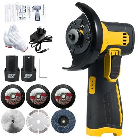 Mini Angle Grinder, Weytoll 12V 19500RPM Cordless Brush Angle Grinder Include 6PCS Cutting Disc, Ginding Disc 3 Inch/76mm, with 2PCS 1300mAh Battery, for Cutting, Grinding and polishing -Yellow
