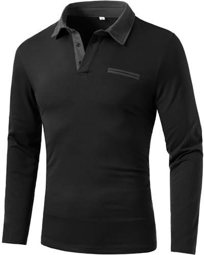 GLESTORE Poloshirt Herren Langarm Polo T Shirts Falsche Brusttasche Casual und Komfortabel Schwarz M