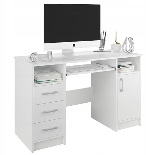 Happy Babies Schreibtisch mit Stauraum 120x73x50 cm Bequeme Arbeitstisch Weiß PC-Tisch für Büro Platzsparend Computertisch mit Schubladen und Tastaturablage