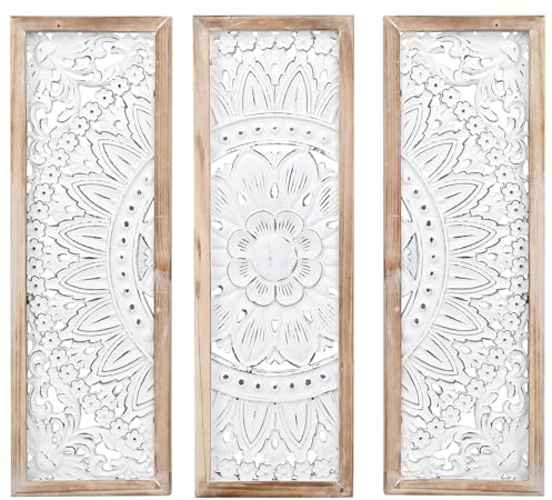 SwallowLiving 3D Layered Mandala Wood Wall Art Set of 3 – 23.6 Large Sacred Geometry Floral Sculptures, Intricately Carved Wood Panels for Meditation Room, Yoga Studio & Boho Decor, Distressed White
