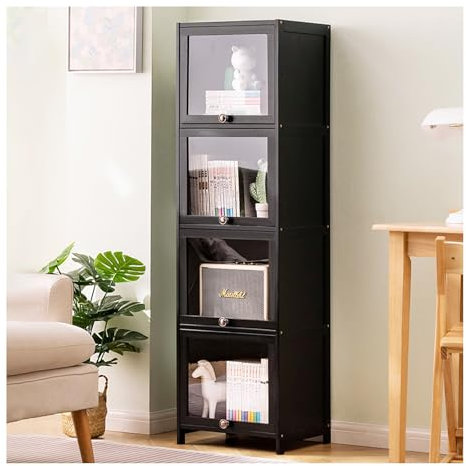 HBOOMOEM Curio Vitrine，KuriositäTenkabinett Vitrine，Curio-Schrank Mit AcryltüRen，Vitrine Mit Acryl-KlapptüRen，Transparente Bambus-Vitrine，Geeignet FüR Wohnzimmer, Schlafzimmer, BüRo.(Clear,140*40CM/55