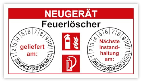 Prüfaufkleber Prüfnachweis „Neugerät Feuerlöscher“ Brandschutz Kennzeichnung Symbole nach ISO 7010 (F001) & BGV A8 (F05) | 90 x 50 mm Made in Germany, Größe: 1 Stück