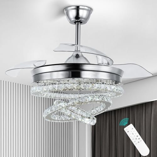 LED Kristall Deckenventilator mit Licht & Fernbedienung – 42″ (≈107 cm) Kronleuchter Ventilator, 6 Geschwindigkeiten, 3 Lichtfarben, Timer, umkehrbar, leise – für Schlafzimmer & Wohnzimmer, Chrom