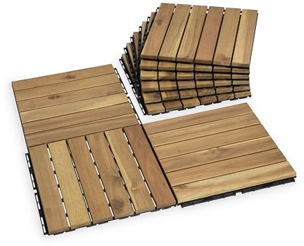 VICTORY RELAX Natural Acia 12x12 Interlocking Wood Deck Tiles for Balcony, Garden, Patio, Poolside Decor - Waterproof Indoor & Outdoor Flooring - 6 Slats, Square Joints, Pack of 9, White Oak Color