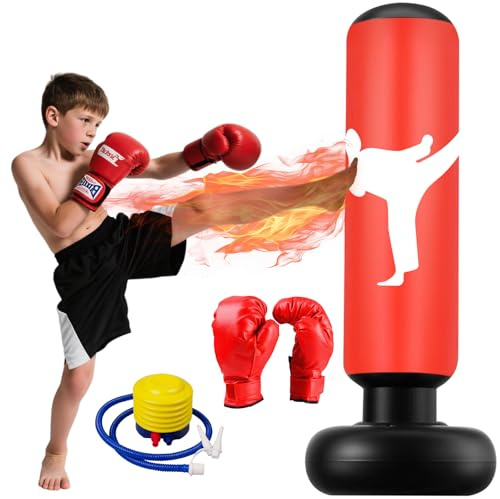 Saco Boxeo Niños, 160cm Sacos de Boxeo de Pie con Guantes y Bomba, Punching Ball para 3 a 12 Años Regalos para Niños Y Niñas, Boxeo en Casa para Practicar, Taekwondo, Karate.