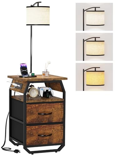 runjuly Floor Lamp with Table, End Tables with Lamps Attached 3-Color Temperature Bulb, Side Table with Lamp with 2 Drawers & Charging, Lamps Tables Combo for Bedroom, Dorm, Apartment - Rustic Brown