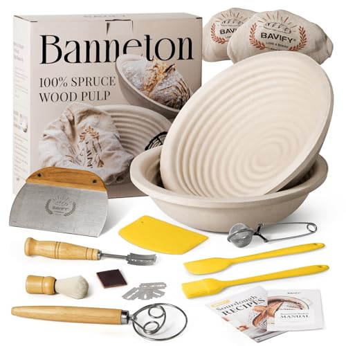 Wood Pulp Banneton Bread Proofing Basket Set, Non-Stick Dough Proofing Bowl for Sourdough, Sourdough Starter Kit Bread Baking Supplies Making Tools (Round)
