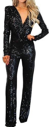 RLEHJN Sequin Jumpsuit for Women UK Sale Sparkly Long Sleeve V Neck Playsuits Sexy Glitter High Waist Slim Fit Overalls Ladies Elegant Wedding Outfits Party Cocktail Prom Club Festival Romper