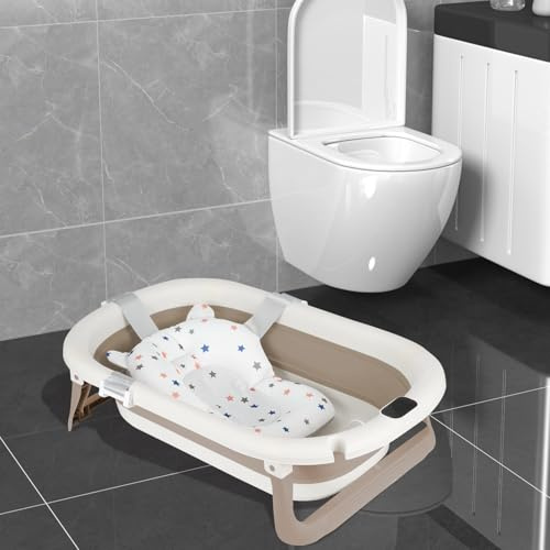 Flexible Babybadewanne mit Temperaturanzeige, Duschkissen, Duschstecker, rutschfeste Füße, faltbare Babybadewanne für Neugeborene, 0 bis 24 Monate (Khaki, 43 x 71 x 18,5 cm)