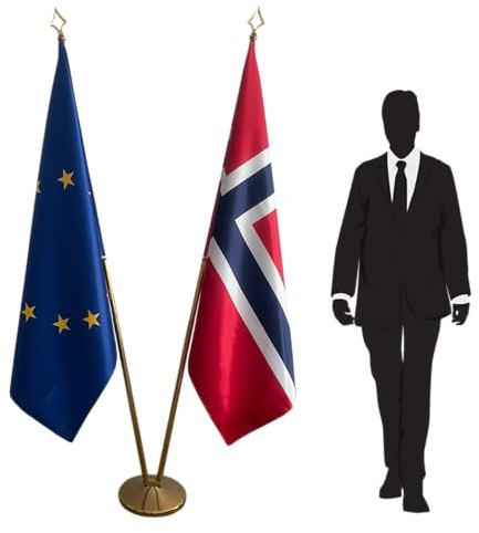 Banderas Noruega y Europea en soporte doble – Base con 2 postes – Banderas de pie para oficina, evento o decoración oficial. Código CN8-EU-NO-L