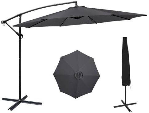PULUOMIS Garden Umbrella Parasol, 3M Garden Cantilever Parasol with Cross Base and 8 Ribs, Outdoor Banana Patio Umbrella with Cover and Crank Handle, Sun Shade for Patios and Cafes, Grey
