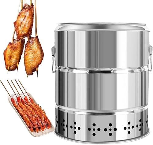 Barbecue a carbonella senza fumo, con 28 spiedini e set di accessori, in acciaio inox, per arrostire a 360°, design multifunzionale con isolamento in cotone