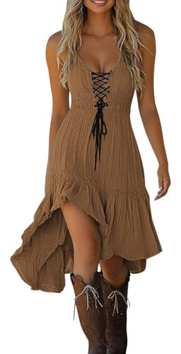 WVONIF Femmes Eté Profond Décolleté en V Loisirs Robe Spaghetti Imprimé Fleur Split Maxi Robes pour la fête de Plage Womens Summer Boho Sexy Backless Long Dresses Maillot De Bain Tendance(Café,XXL)