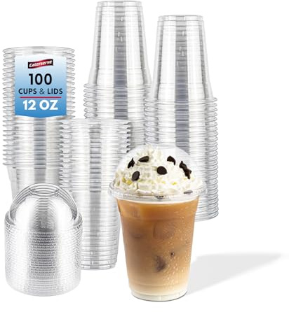 Caterserve 100 Clear 12oz Cups with Dome Lids – Great for Smoothies,Iced Drinks,slushies at Cafes, Restaurants, Events, and Takeaway Service