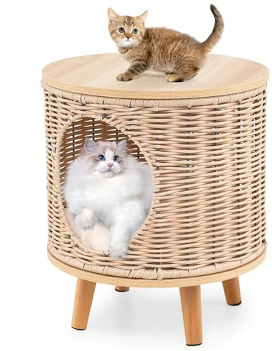 COSTWAY Cuccia Gatto 36 x 36 x 41 cm in Rattan Traspirante, Comodino Rotondo con Gambe in Legno e Cuscino Rimovibile, Casetta per Aniamli Domestici per Camera da Letto e Soggiorno