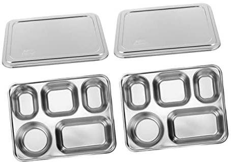 CIYODO Bandeja de Comida Rápida de Acero Inoxidable Cinco Rejillas | 2 Juegos, Plata, Diseño Dividido Decorativo, Uso Diario y Reuniones Personales, para Niños