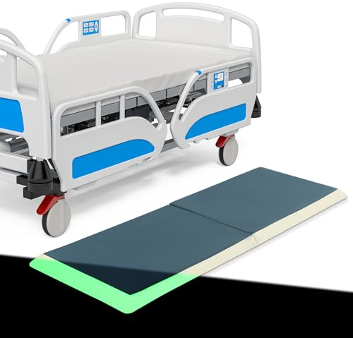 MABOZOO Fall Mat for Elderly with Glow-in-The-Dark Strips, 66x24x2 PU Leather Fall Mattress with Beveled Edge, Bi-Fold Bedside Safety Protection Mat for Patients, Seniors, Caregivers