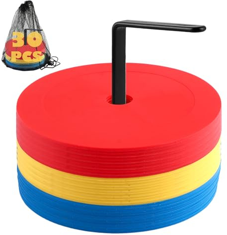 LOPYXBR 32 stycken markeringshattar, 15 cm, fotbollshattar, set, 3 färger, fotbollshattar, fotboll med organisatörhållare och nätficka, runda träningshattar träningskoner för fotboll och friidrott