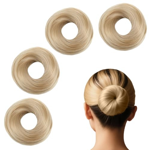 4 Stück Dutt Haarteil Blond,Haargummi mit Haaren für schnelle natürliche | Frisuren ohne Verrutschen,geruchsfrei und sicher (25g)