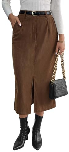 Damen Midi Lange Röcke Freizeit Maxi Röcke mit Taschen Cordstoff Braun Vintage Schlitz (Größe L/38 - Taillenumfang 79cm)
