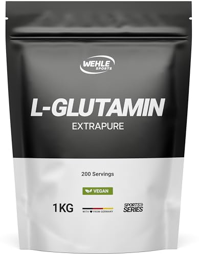 Glutamina en Polvo 1 kg – L-Glutamina Polvo Vegana Extra Pura con Vitamina B6 – 200 Porciones – Sabor Neutro – Producido en Alemania