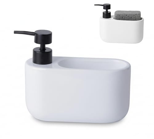 Spülmittelspender mit Schwammhalter 520 ml, Keramik, Schmal, Weiß | Serie CURVE, Seifenspender Küche und Spülbecken Organizer, 18x7.3x15 cm, stabil und elegant
