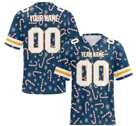 Personnalisé Sport Maillot de Football Américain Noël, Personnalisable avec Nom Numéro L'équipe Homme Femme Enfant T-Shirts bleu