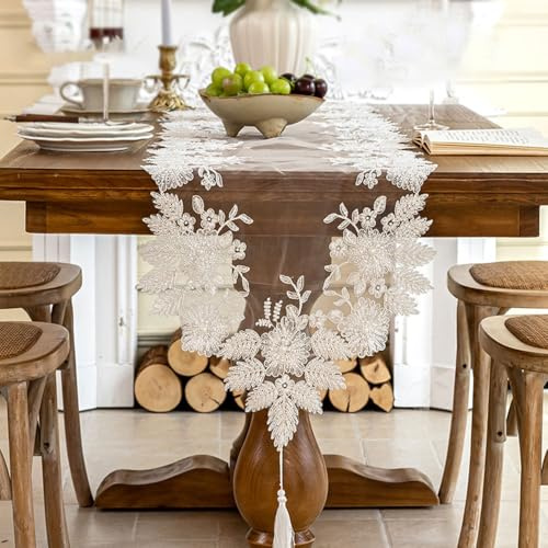 Bestickter Spitze Tischläufer, Vintage Weiß Spitzen-Tischdeko mit Quasten, 40x 120/260 cm, Boho Tischdecke für Rustikale Hochzeitstischdekorationen, Brautparty, Babyparty-Party