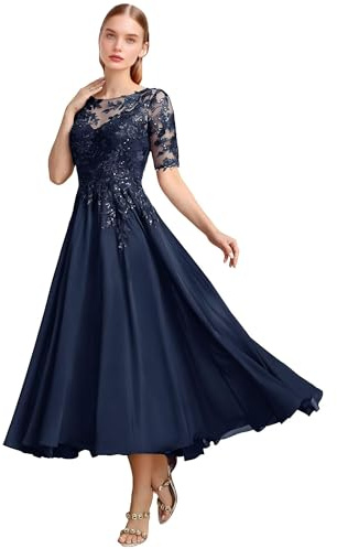 Robe de mère de la mariée en dentelle avec applications, en mousseline, longueur thé, manches 3/4, robe de soirée de style A, pour mariage, bleu marine, 42