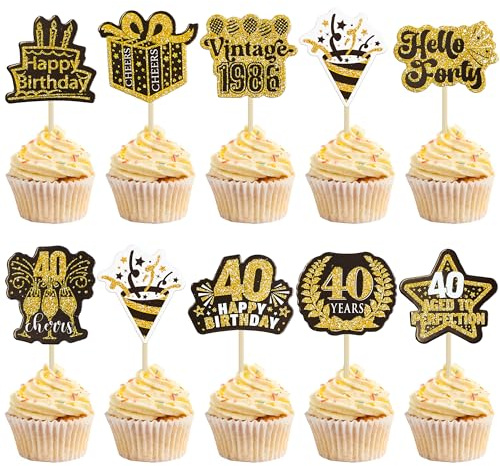 Ephlyn 40Pcs Happy 40th Birthday Cupcake Toppers Double Sided Forty Hello 40 Straight Outta 1986 Cupcake Picks Vintage 1986 Cheers to 40 Years Cake Decorations for 40th Birthday Party Supplies