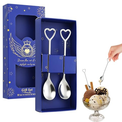 2 Pcs Stainless Steel Table Teaspoon, Heart-Shaped Handle Design Coffee Spoons, Mini Dessert Spoons with Gift Box for Coffee Cafe Latte Espresso Hot Chocolate Ice Cream (Silver