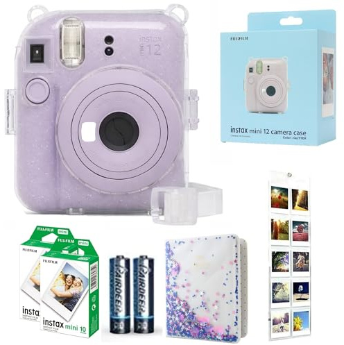 Fujifilm INSTAX Mini 12 Camera Lilac Purple id Bundle – Includes Mini 12 Purple Camera, 20-Shot INSTAX Mini Film, Clear Glitter Camera Case, Photo Album & Hanging Wall Photo Display