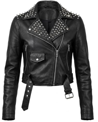HiFacon Conjunto de chaqueta de motociclista de cuero con tachuelas y pantalones cortos de cintura alta a juego, estilo punk rock, moto, dos piezas, color negro, Negro - Chaqueta de piel sintética, XS
