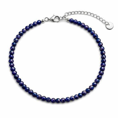 Kim Johanson® Damen Edelstahl Fußkettchen mit echten Natursteinen in Silber I Naturstein Fußkette mit 4mm Edelstein Perlen I Wasserfest | Boho Schmuck für Frauen | Verstellbar |