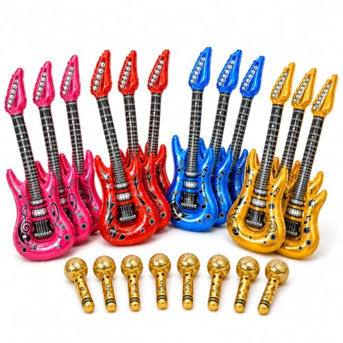 20PCS Inflatable Guitar, Party Props and Musical Decorations, Inflatable Microphone and Blow Up Guitar, with Colourful Designs for Music Events and Themed Parties